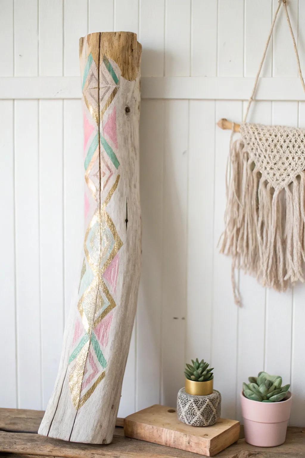 Transform your space with painted driftwood: where nature meets art in minimalist harmony.