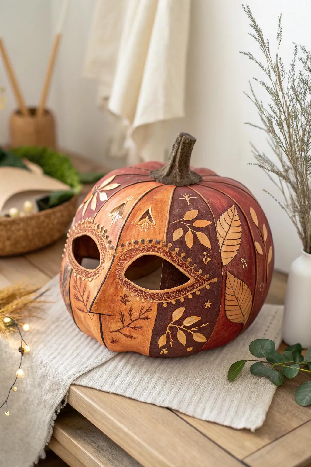 Embrace the season with this stunning pumpkin mask, a perfect blend of bold colors and minimalist elegance.