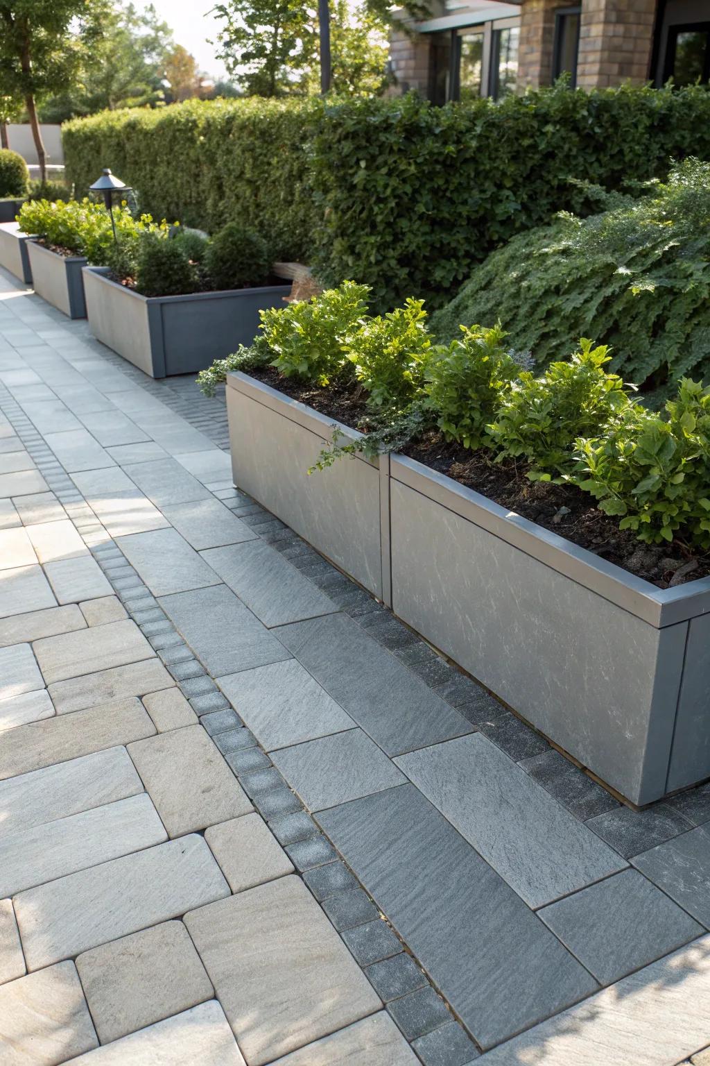 Elevate your outdoor space with integrated planter edging – where modern design meets nature.
