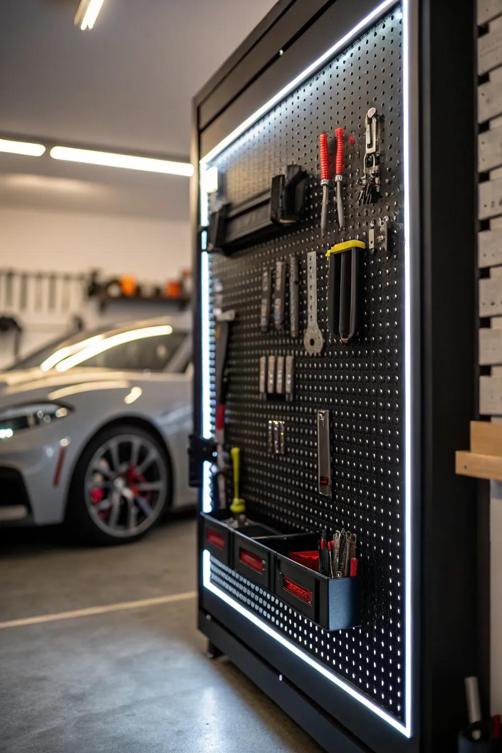 Illuminate your workspace with a touch of modern elegance: LED-enhanced pegboard organization.