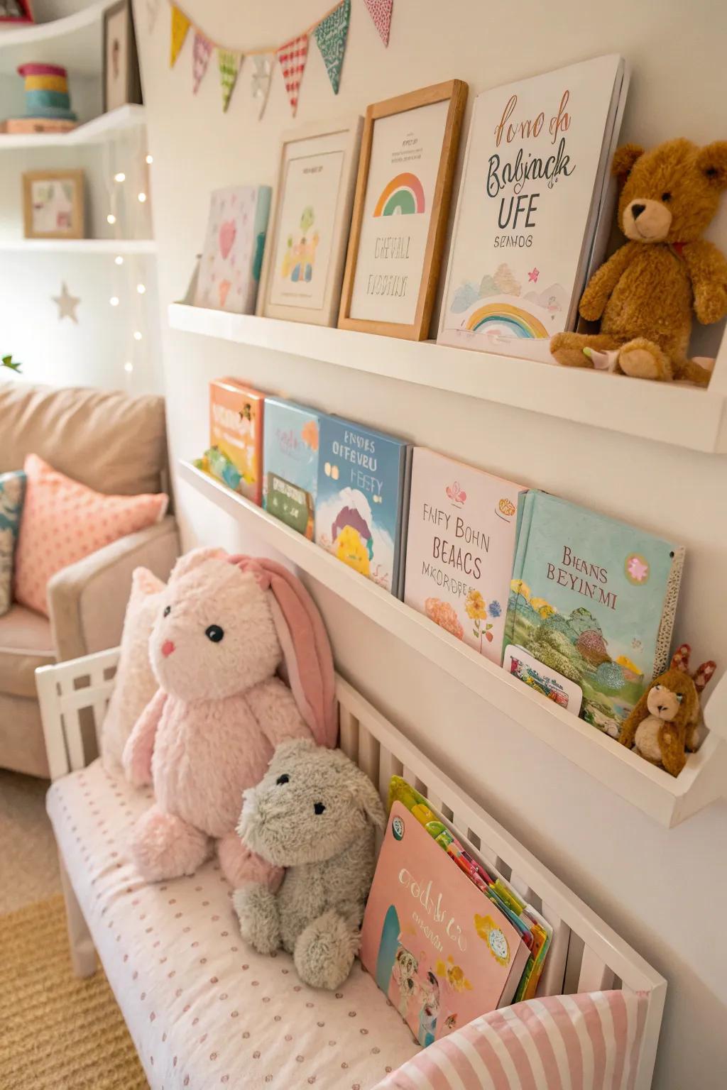 A nursery picture ledge adds charm and practicality.
