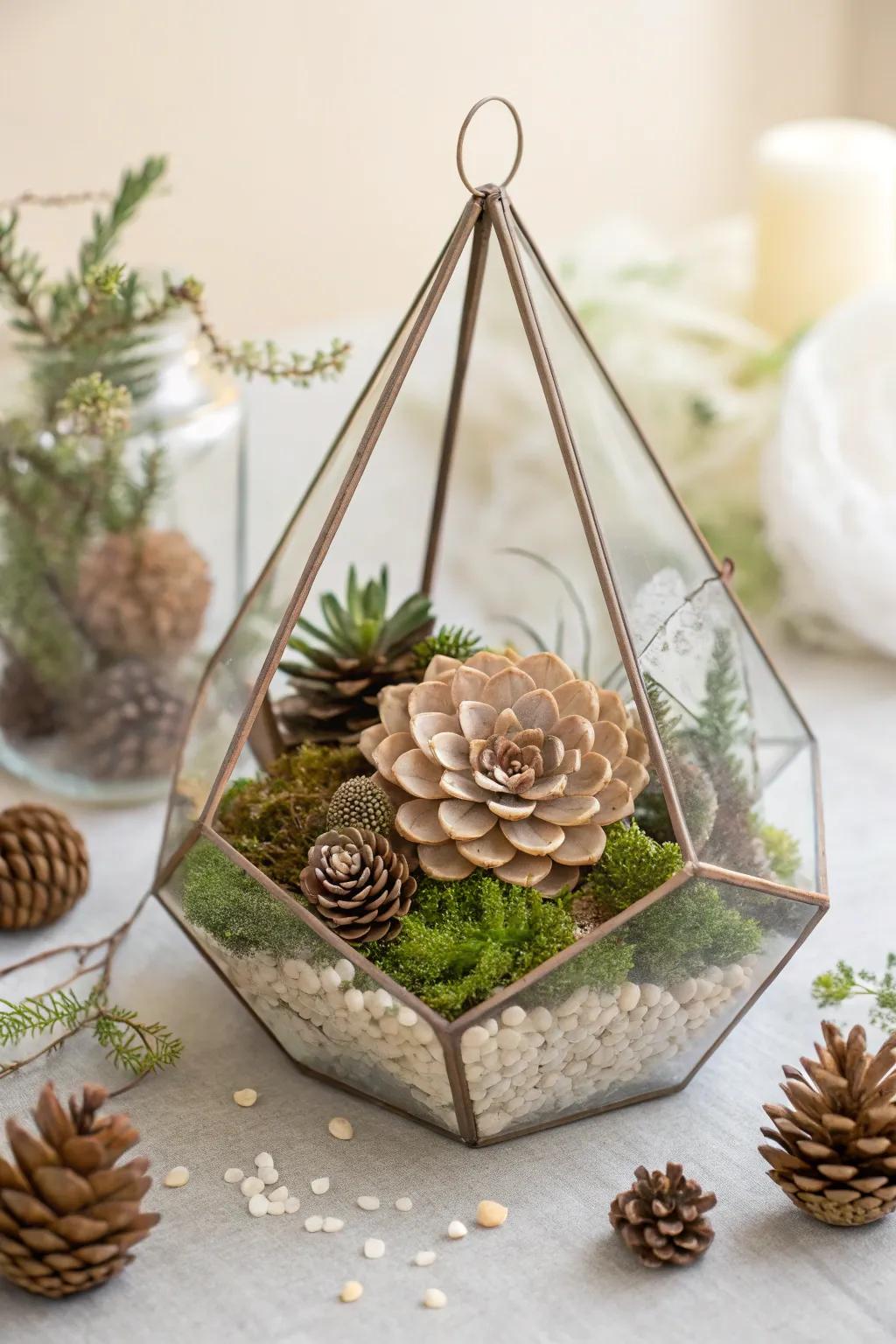 Discover the art of nature with a Pinecone Flower Terrarium—where simplicity meets elegance in a miniature world.