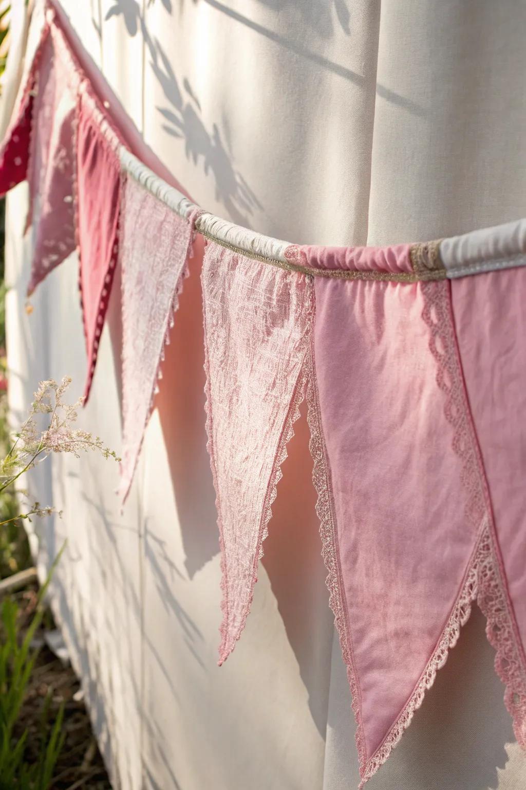Add a touch of festive charm with this elegant pink fabric bunting, perfect for a minimalist yet boho-inspired decor.