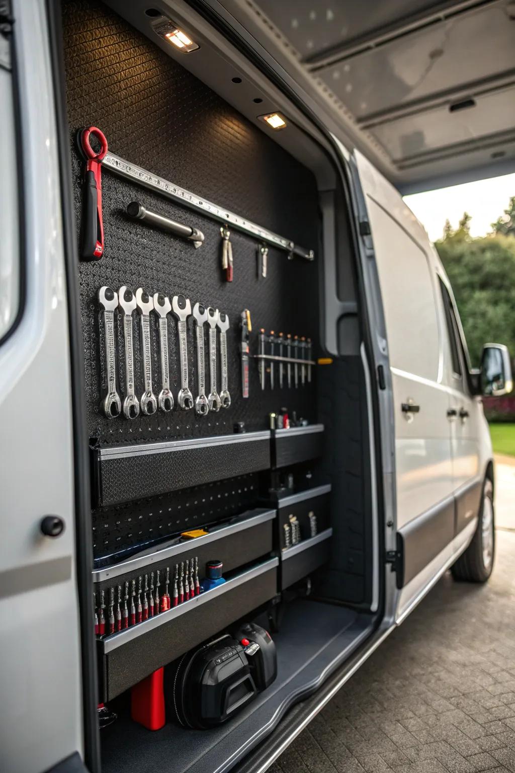 Transform your van into a masterpiece of organization with magnetic strips for your tools.