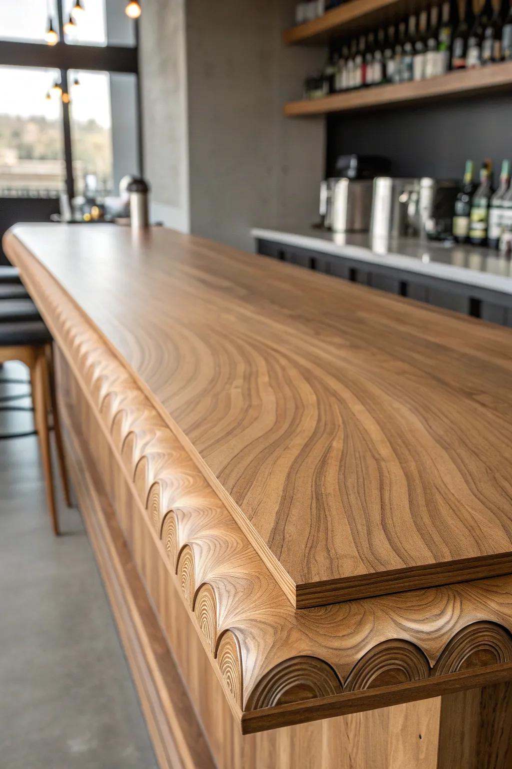 Elevate your bar space with sculpted plywood edges—where dynamic design meets timeless elegance.