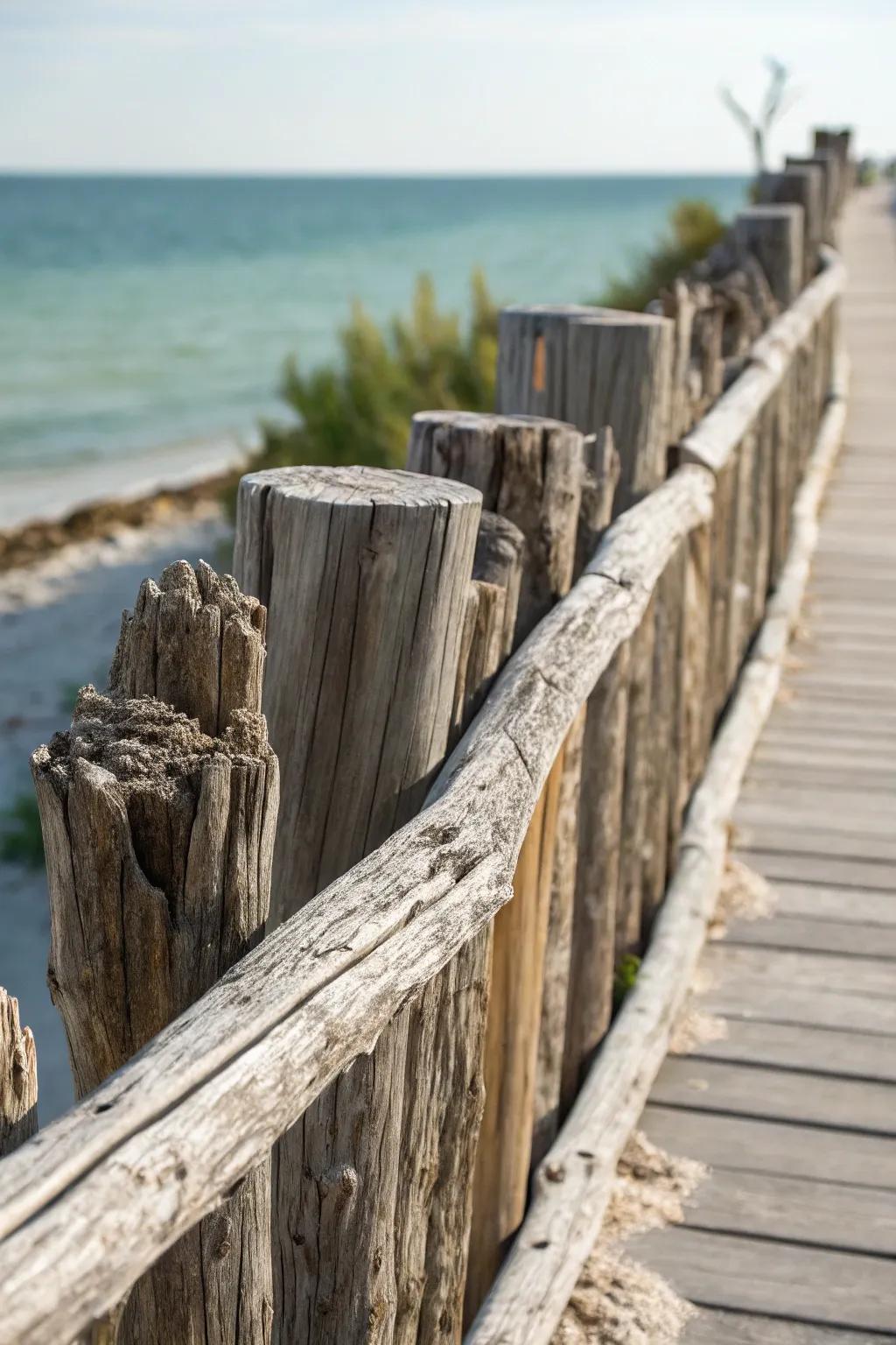 Embrace the sea's story with driftwood railings—where nature meets craftsmanship.