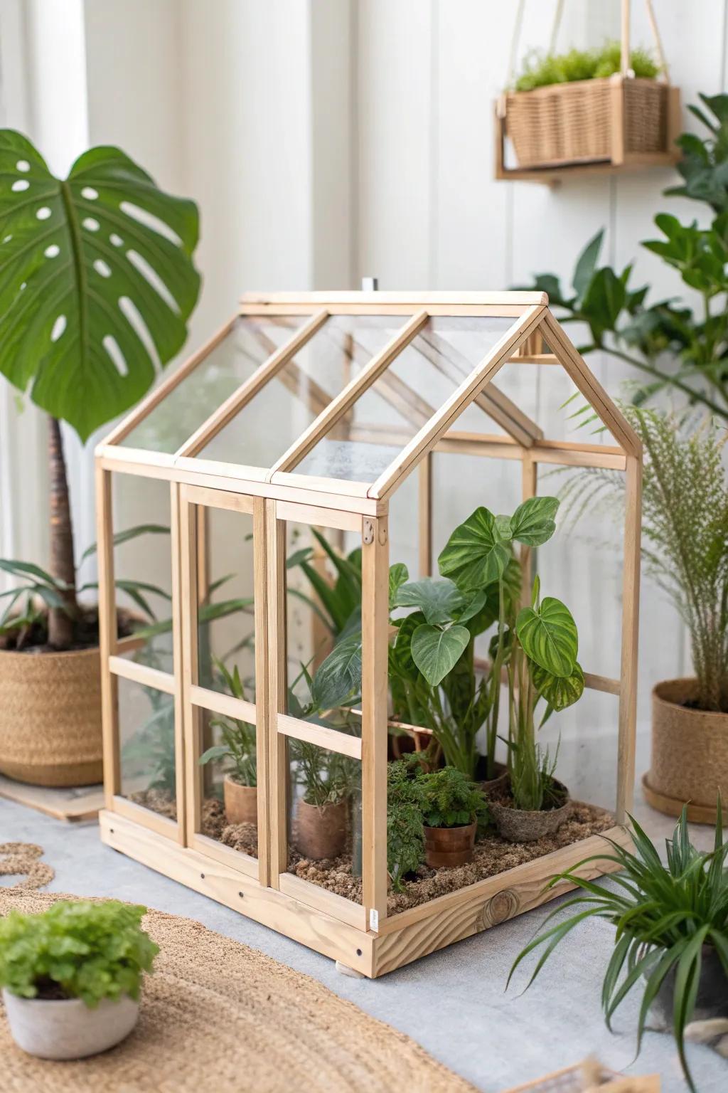 Embrace sustainability with this charming popsicle stick greenhouse, a perfect blend of minimalist elegance and boho flair.