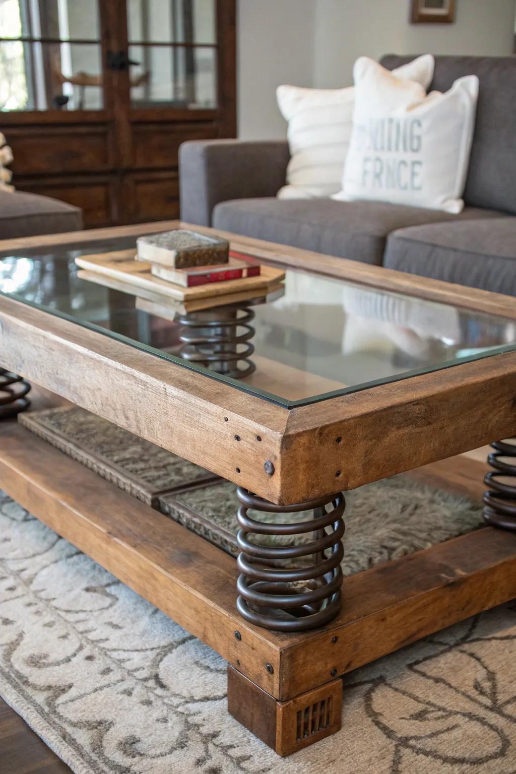 Transform your living space with an industrial-chic coffee table base made from a repurposed box spring.
