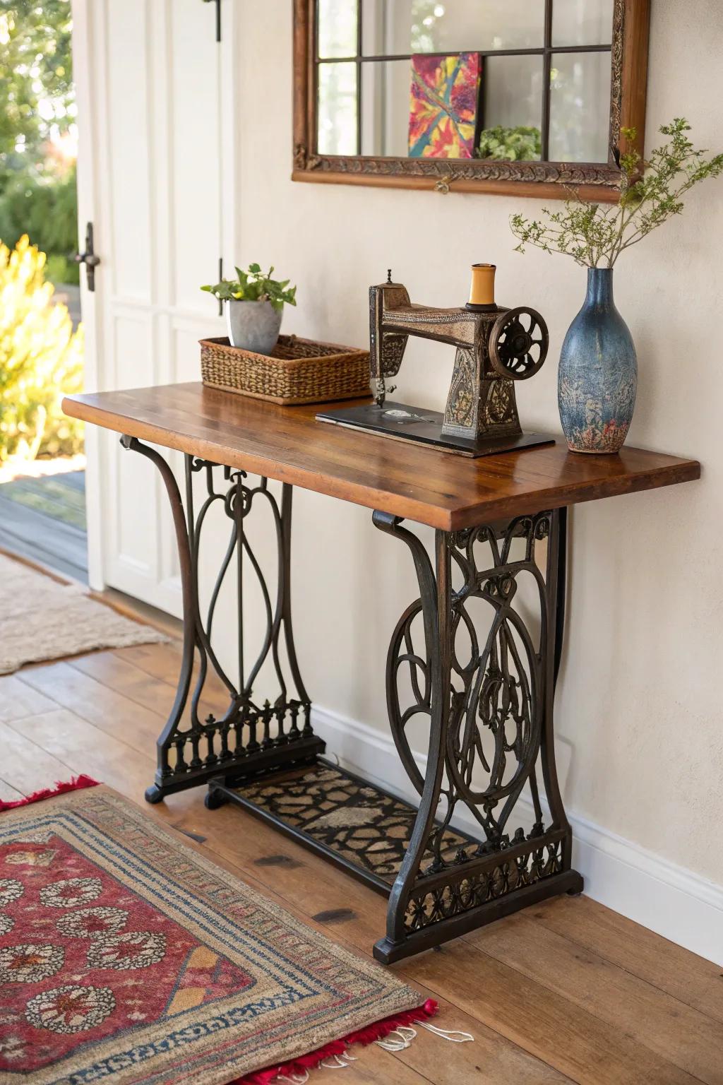Transform vintage charm into modern elegance with this repurposed sewing machine console table, where timeless design meets bold simplicity.