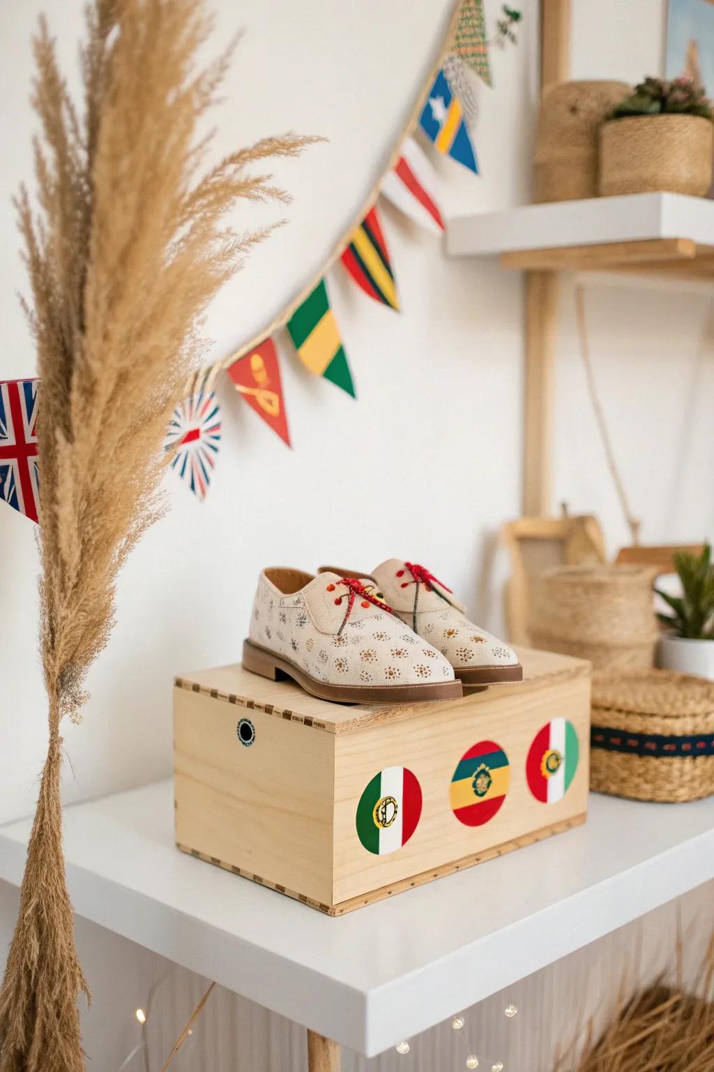 Embark on a mini world tour with this artfully crafted shoe box float, where craftsmanship meets global adventure.