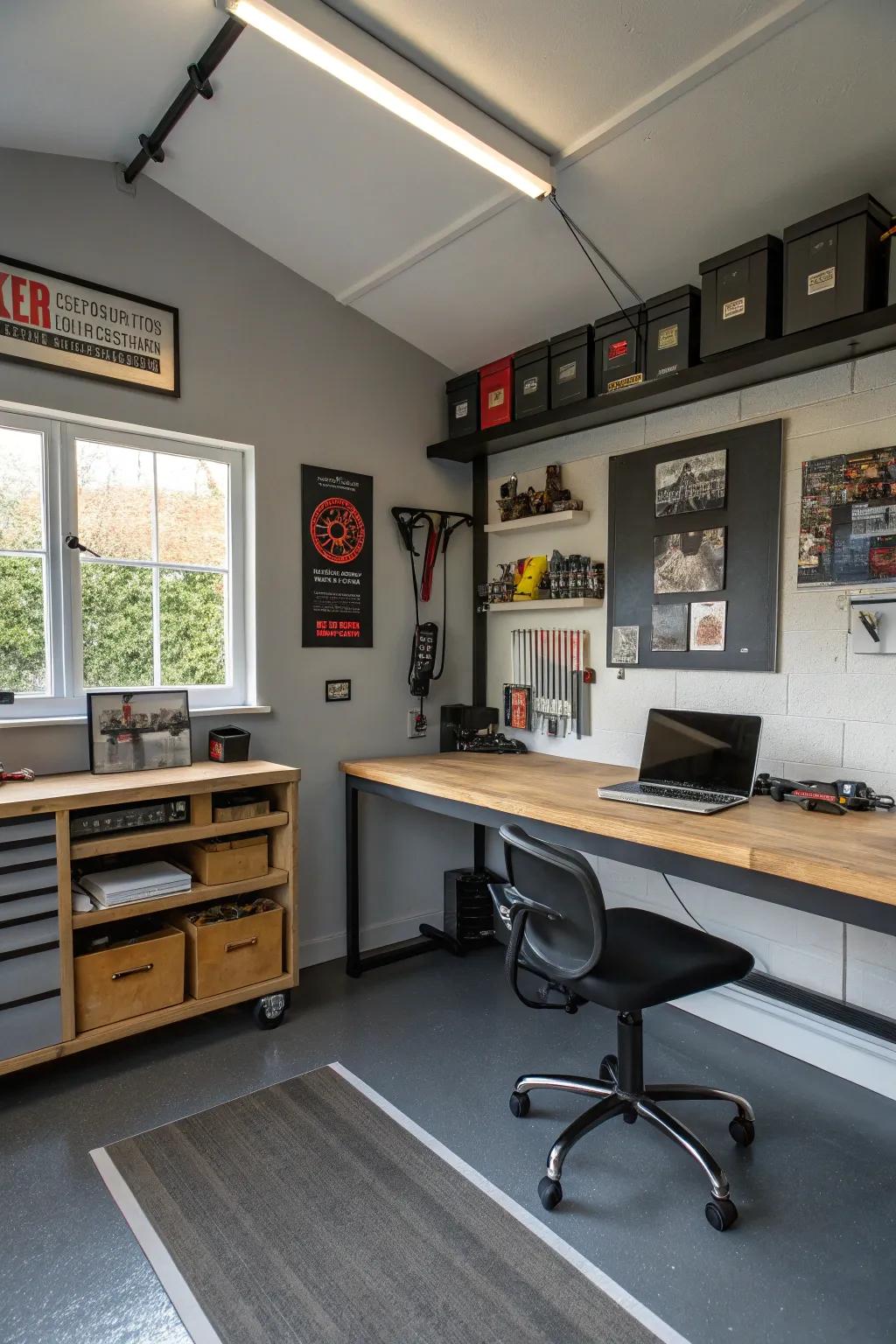 Transform your garage into the ultimate workshop-office hybrid: where creativity meets productivity.