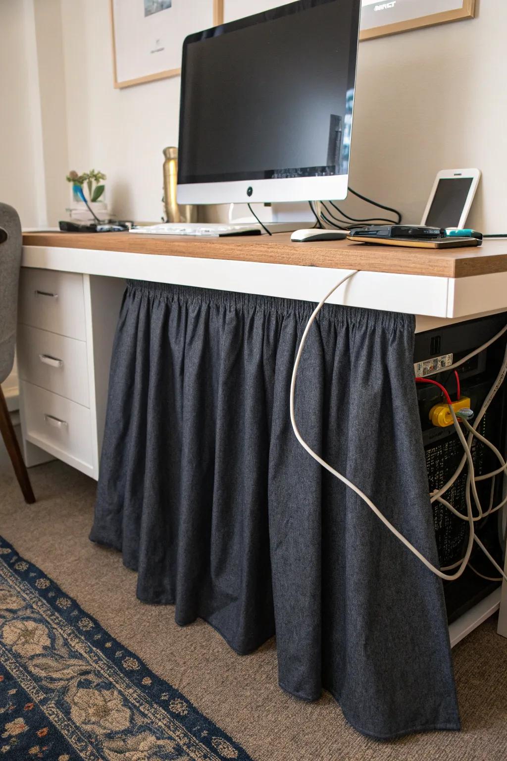 Desk skirts hide cables and components, ensuring a sleek workspace appearance.