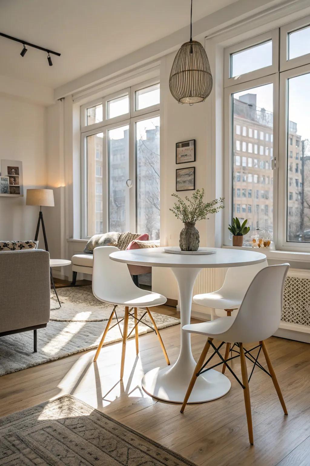 Pedestal tables provide legroom and a spacious feel.