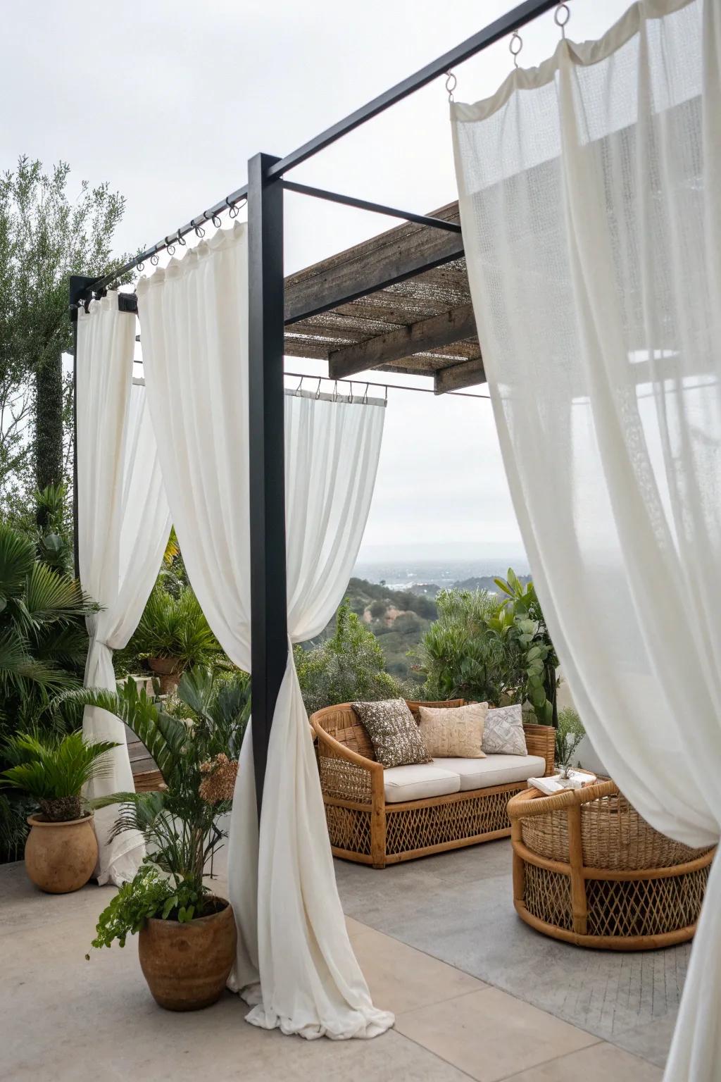 Transform your patio into a serene retreat with DIY outdoor curtains, combining Scandinavian elegance with a boho flair.