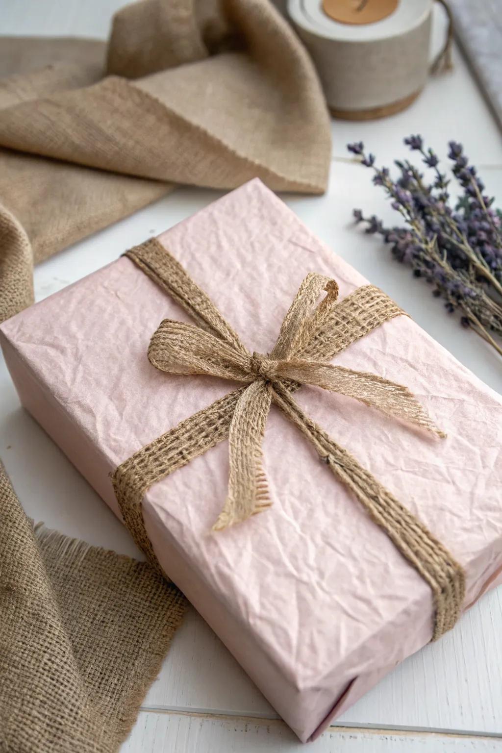 Gift wrapping with a rustic twist: Embrace natural beauty with burlap ribbons and pastel tissue paper.