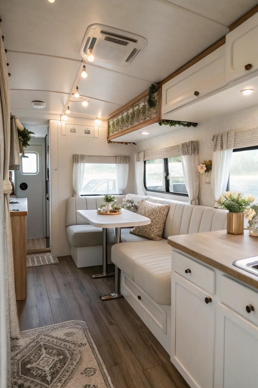 A travel trailer interior designed with effortless elegance, featuring clean lines and subtle decor.