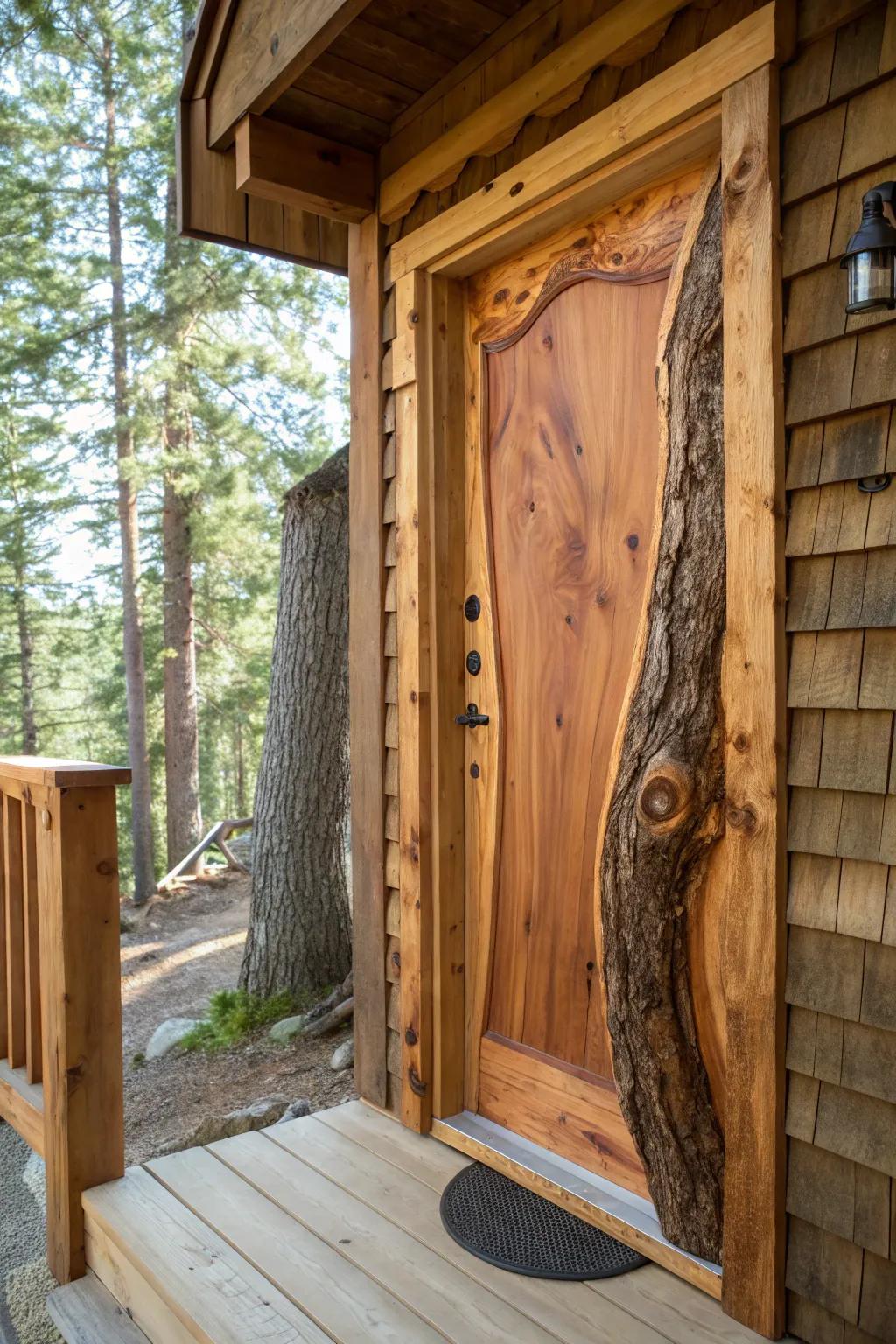 Embrace the raw elegance of nature with a unique live edge door for your treehouse.