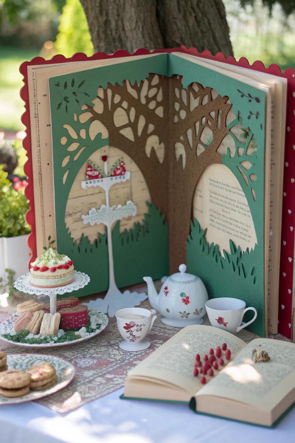 Step into a whimsical tea party under the oak tree with this enchanting tunnel book. Crafted with care and creativity, it's a perfect blend of minimalism and boho charm.