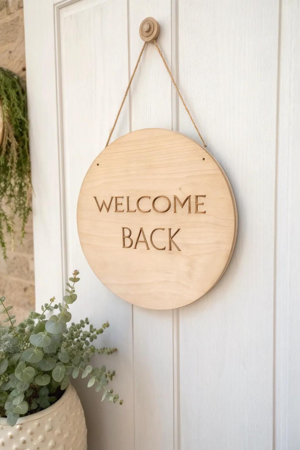 Embrace simplicity with a minimalist 'Welcome Back' sign that speaks volumes in style and elegance.