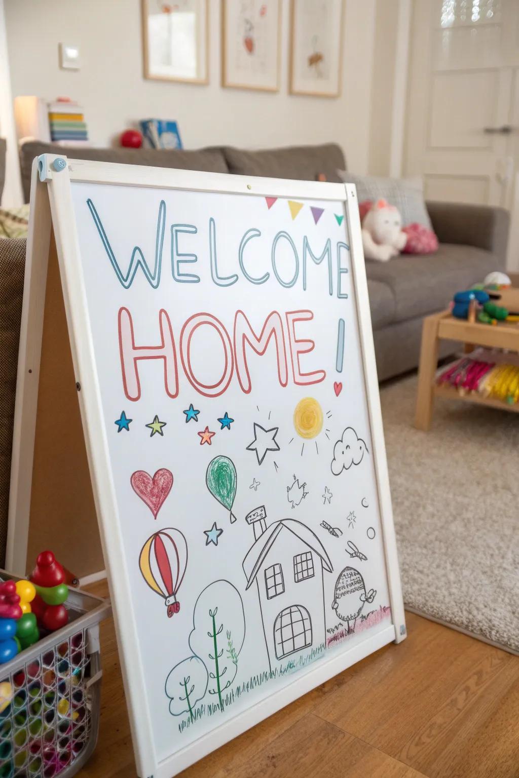 Playful doodles creating a family-friendly whiteboard welcome.