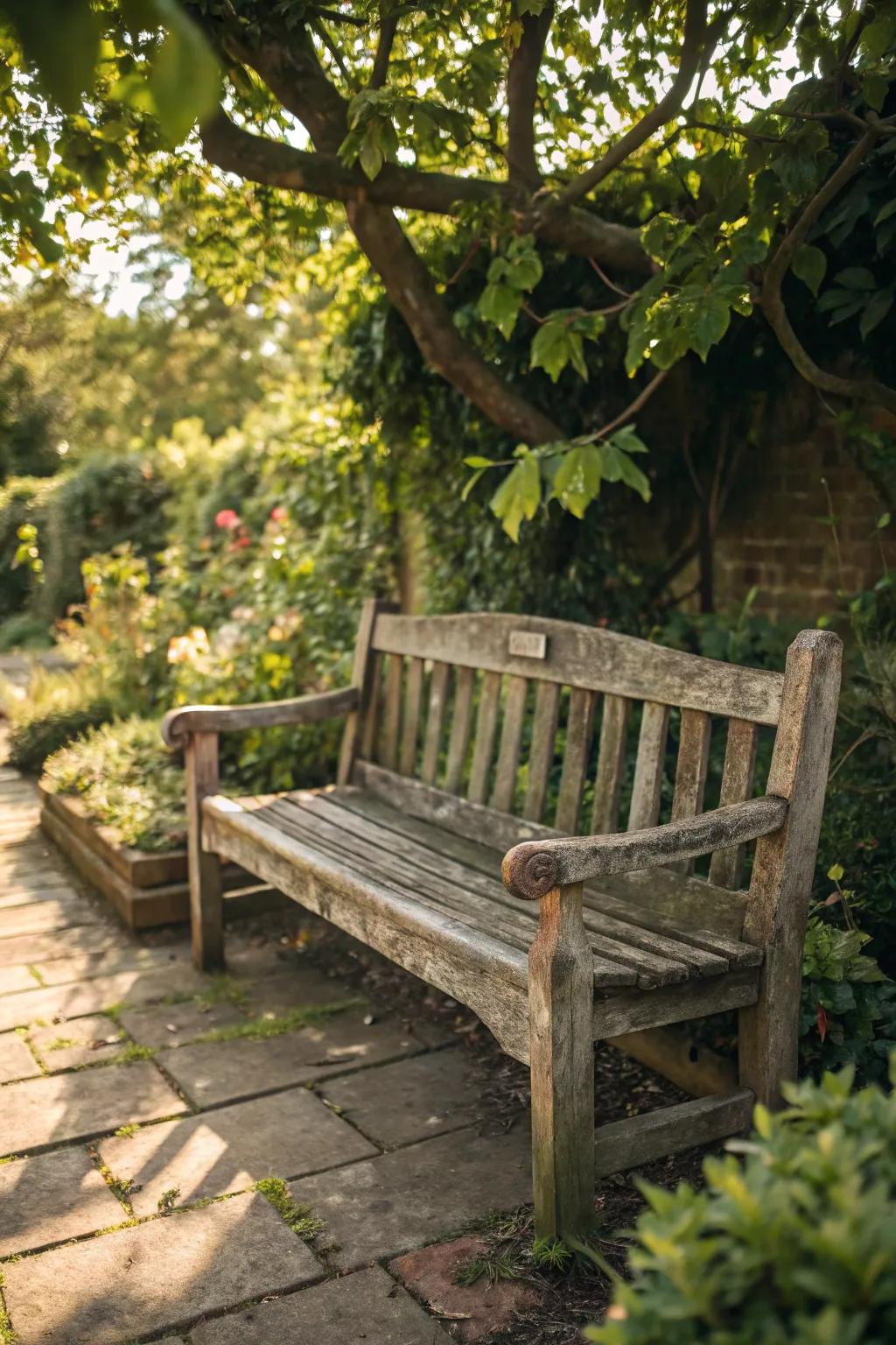 Embrace the timeless allure of a weathered wood bench in your backyard retreat.