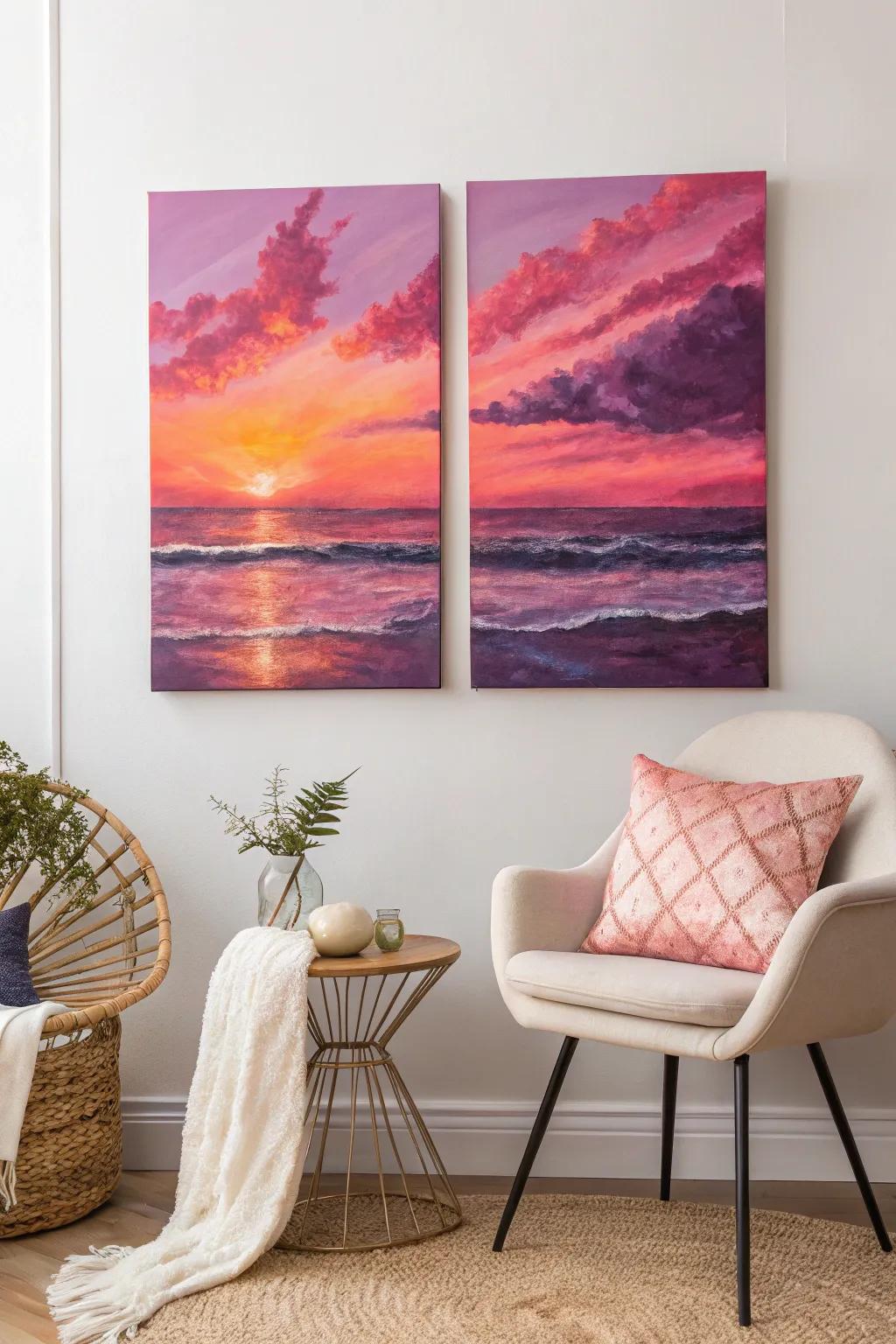 Embrace the warmth of a romantic sunset captured on canvas, a perfect blend of Scandinavian minimalism and Boho charm.