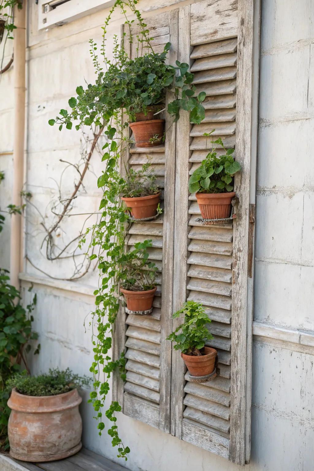 Transform old shutters into charming vertical gardens for a touch of green elegance on your patio.