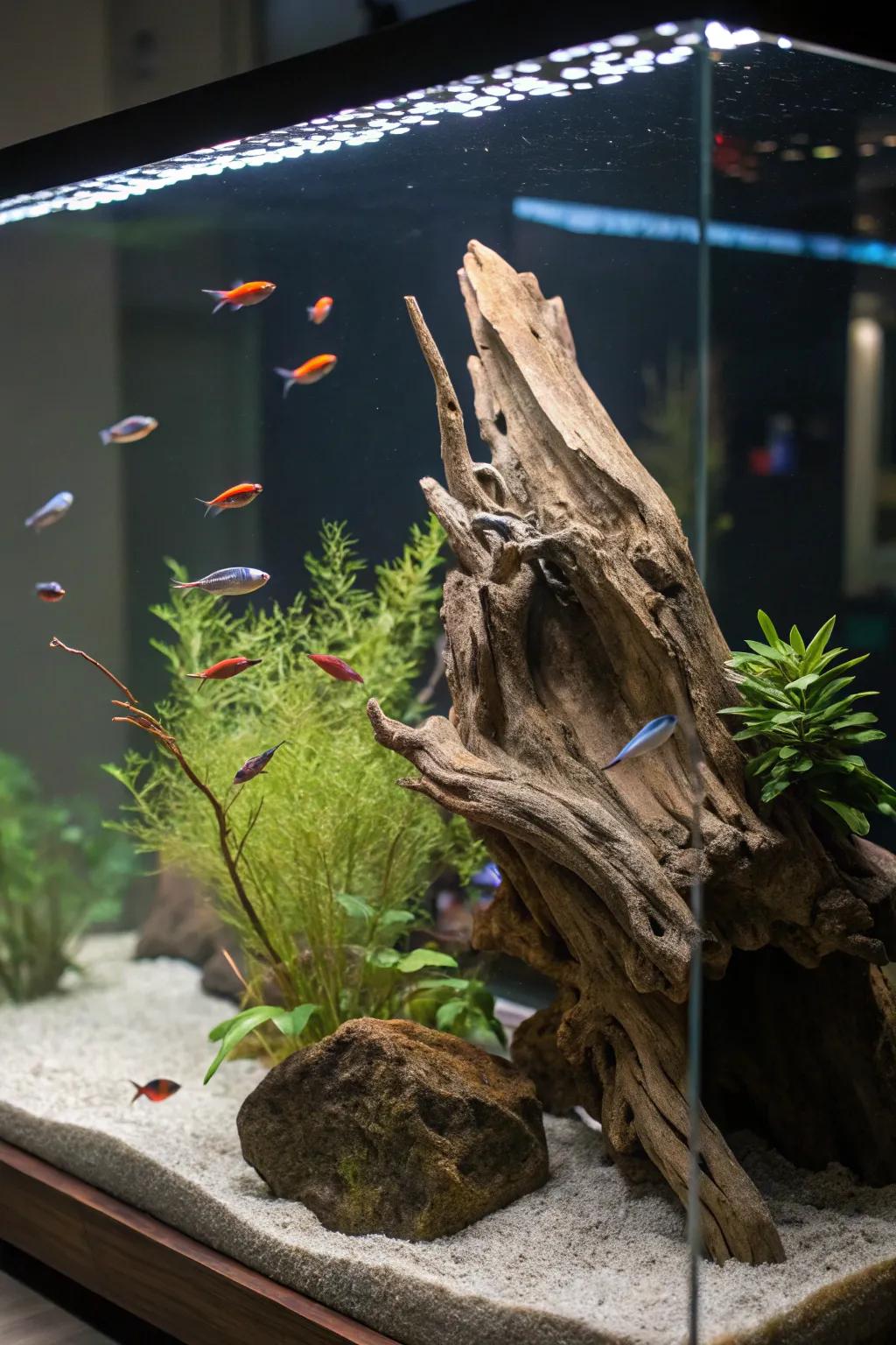 Driftwood adds rustic charm and natural hiding spots for fish.