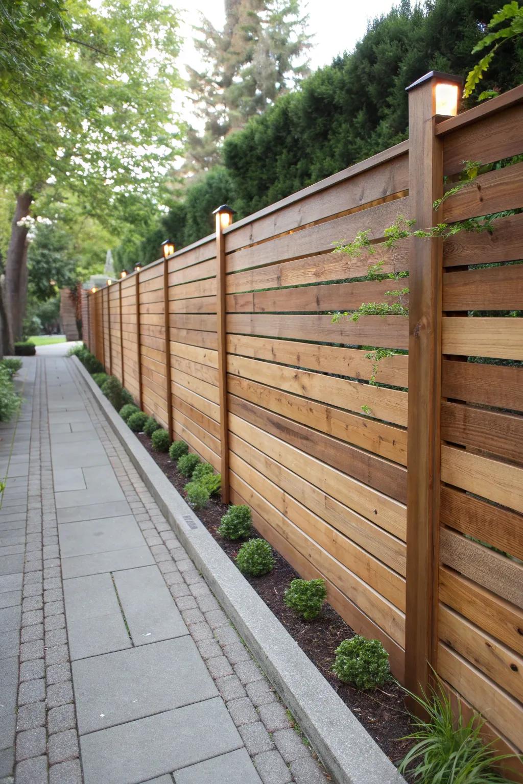 Elevate your garden with the sleek elegance of horizontal wood panels.
