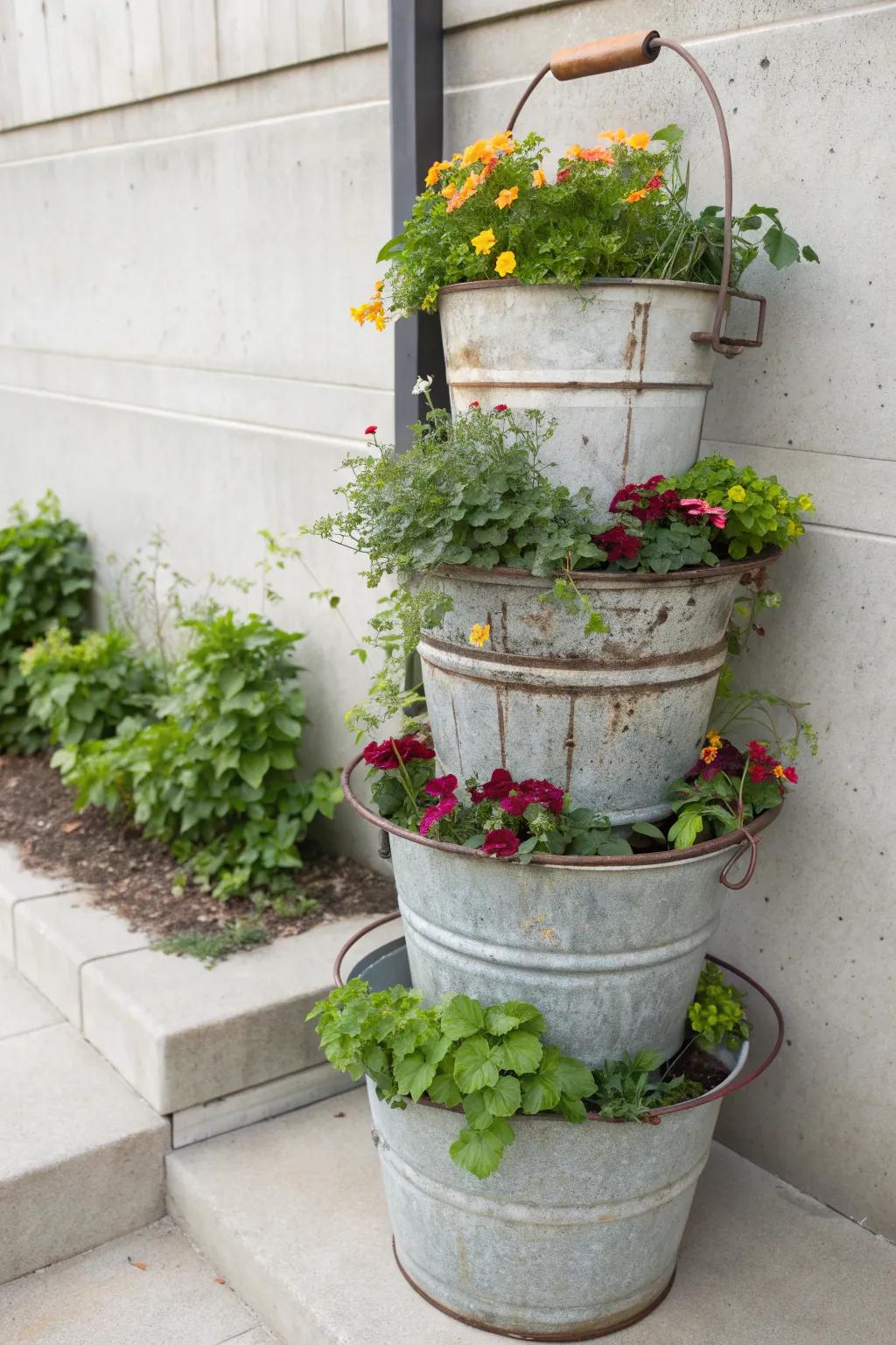 Transform a dull corner with this stunning vertical garden crafted from 5-gallon buckets, perfect for maximizing space with style.