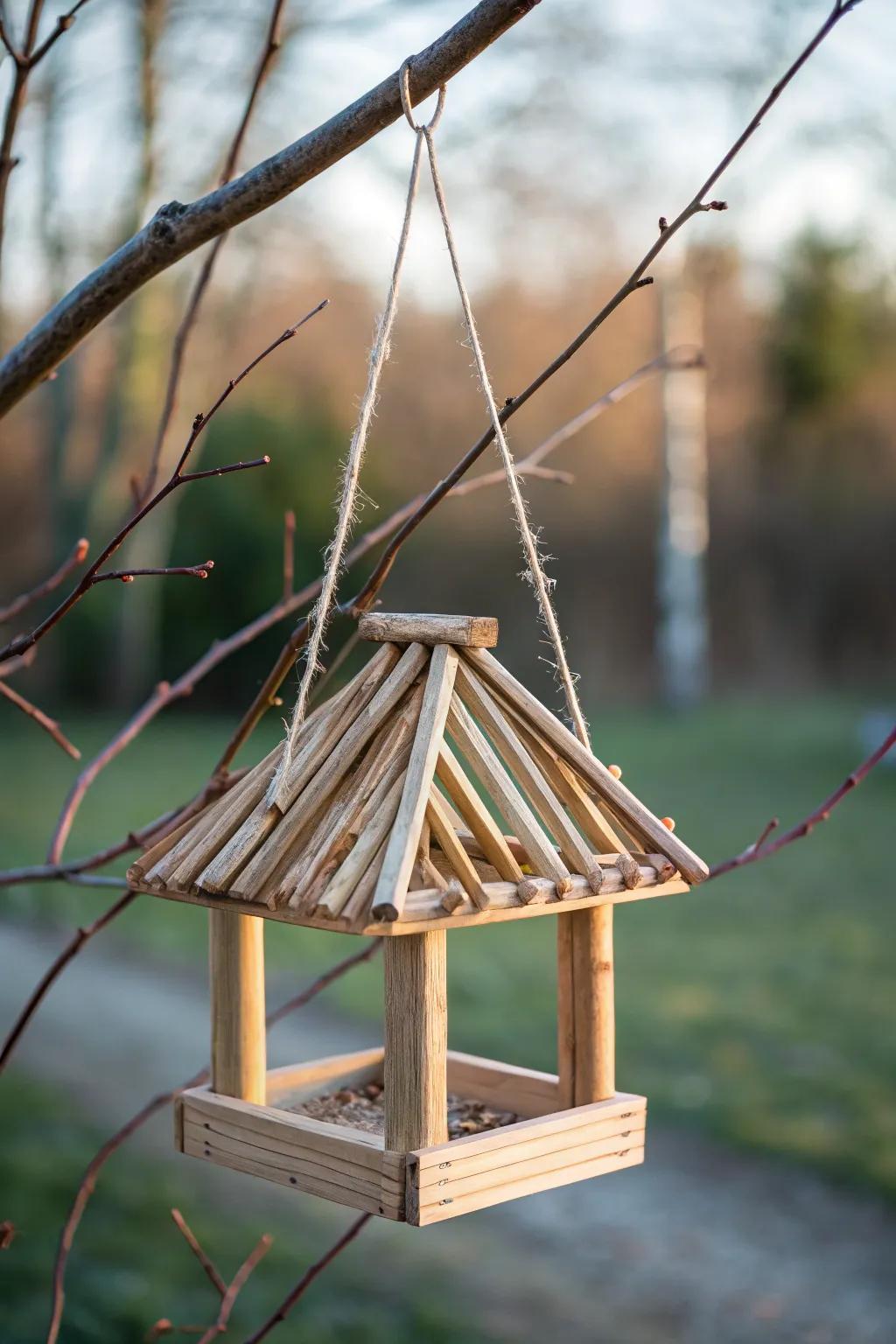 Embrace simplicity and charm with this handmade craft stick bird feeder, perfect for adding a touch of rustic elegance to your backyard sanctuary.