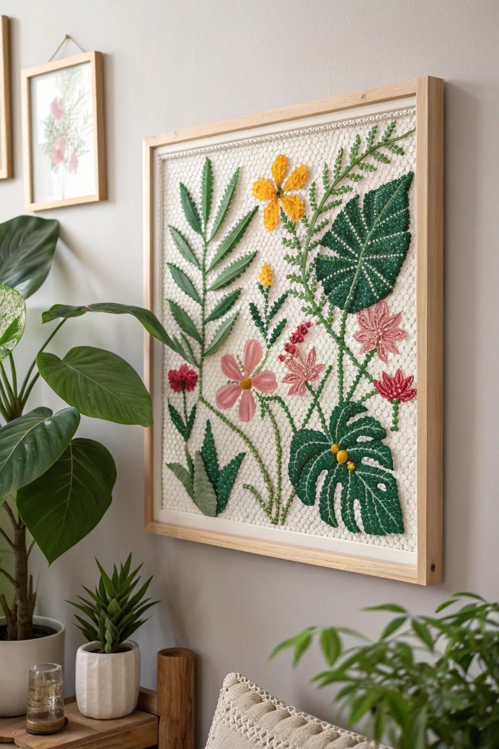 Transform your space with a lush botanical perler bead masterpiece, bringing nature indoors with minimalist elegance.