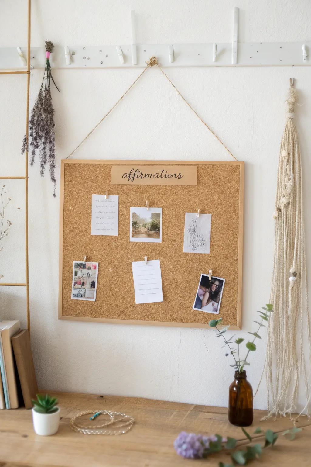 Create your own oasis of positivity with a personalized corkboard, where affirmations and memories blend beautifully.