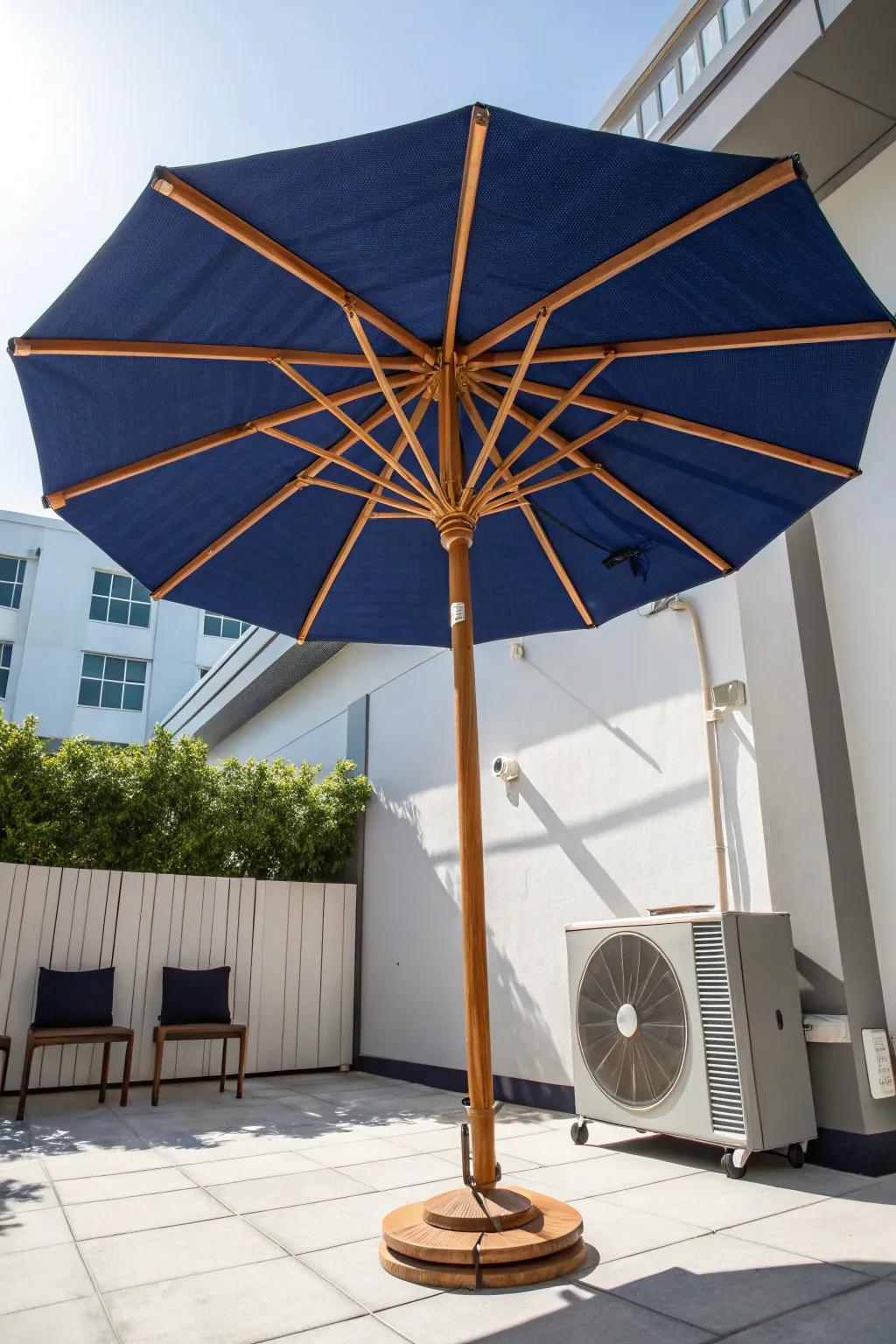 Elevate your outdoor space with a classic patio umbrella that blends style and function, providing perfect shade for your AC unit.