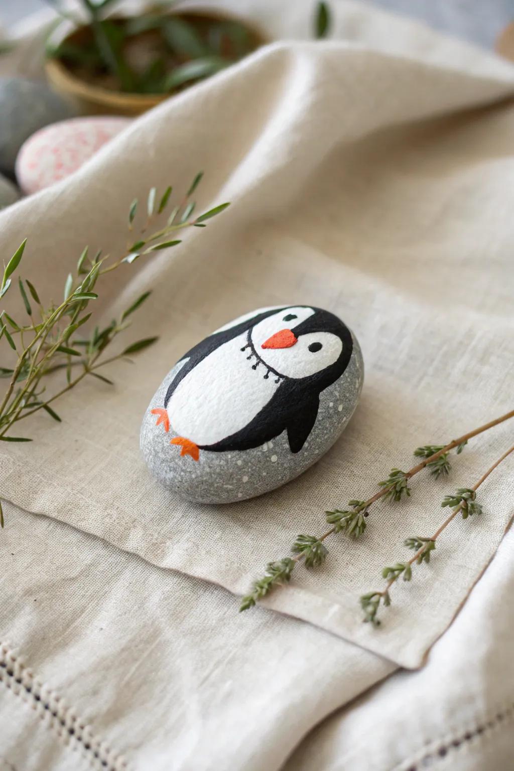 Transform pebbles into charming penguin pals with a minimalist touch.