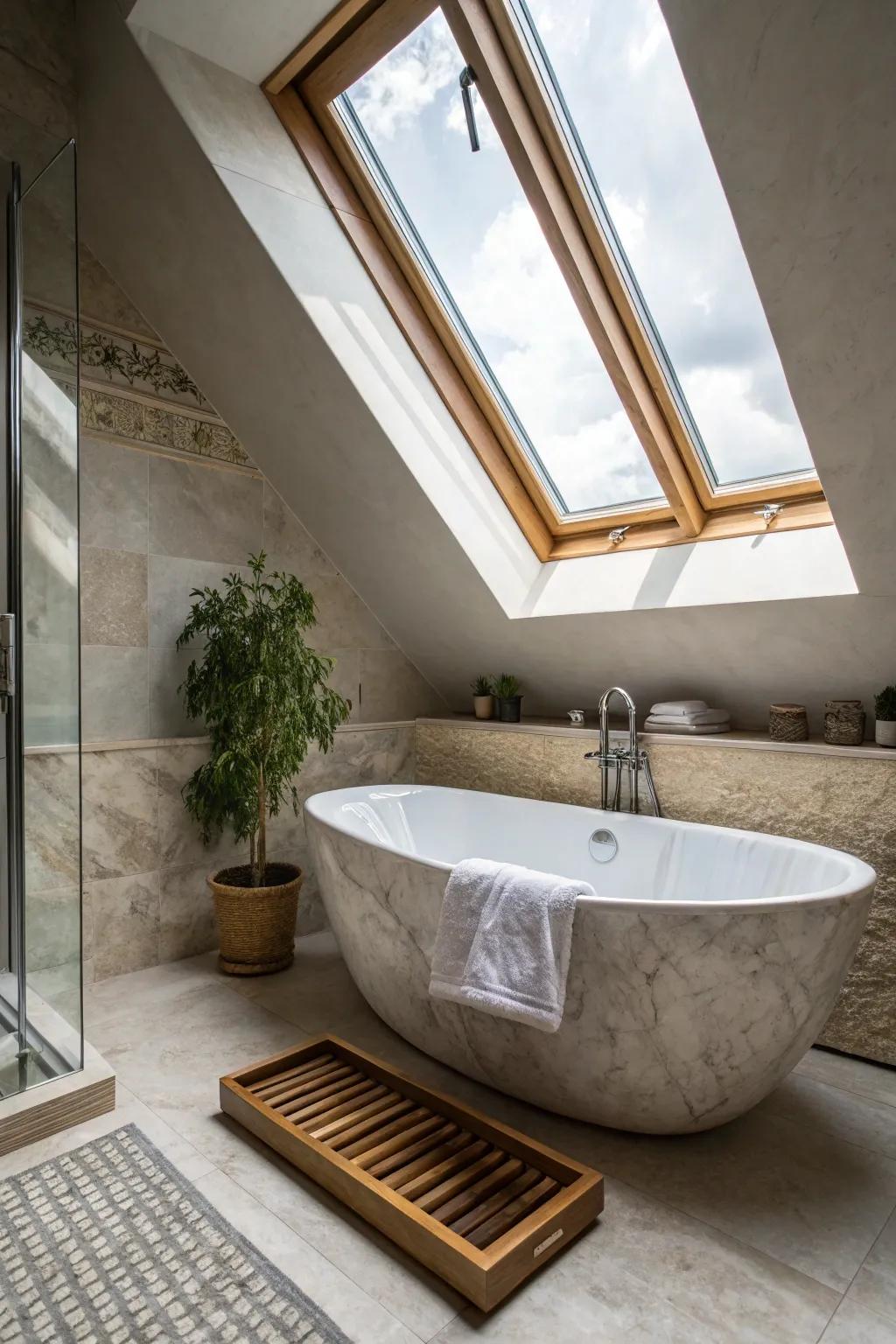 Indulge in the ultimate luxury with a skylit marble bathtub, transforming your attic into a personal spa retreat.