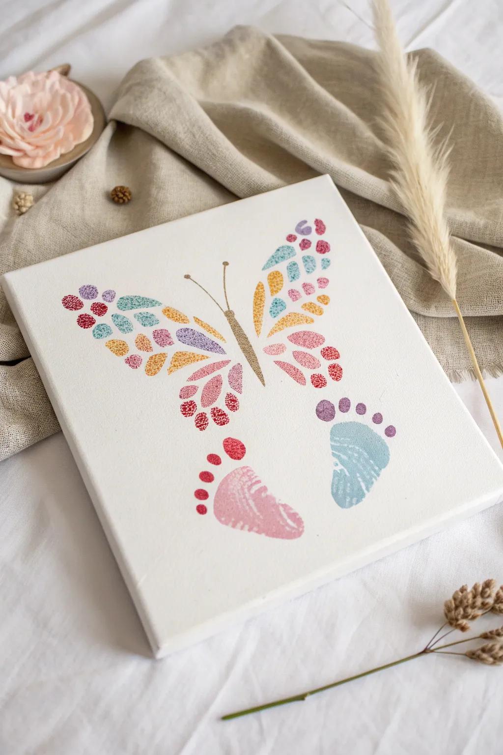 Transform tiny footprints into whimsical butterfly art—a delightful blend of simplicity and creativity.