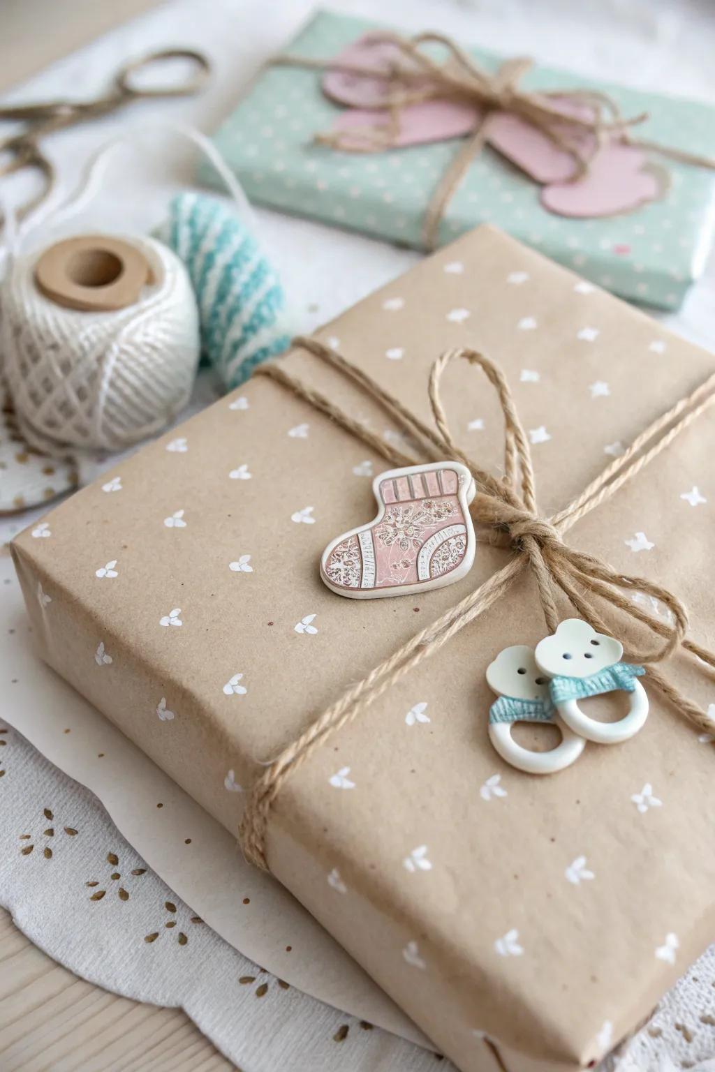 Delight in the details: Elevate your baby shower gift wrap with charming baby-themed cutouts that add a whimsical touch to minimalist elegance.