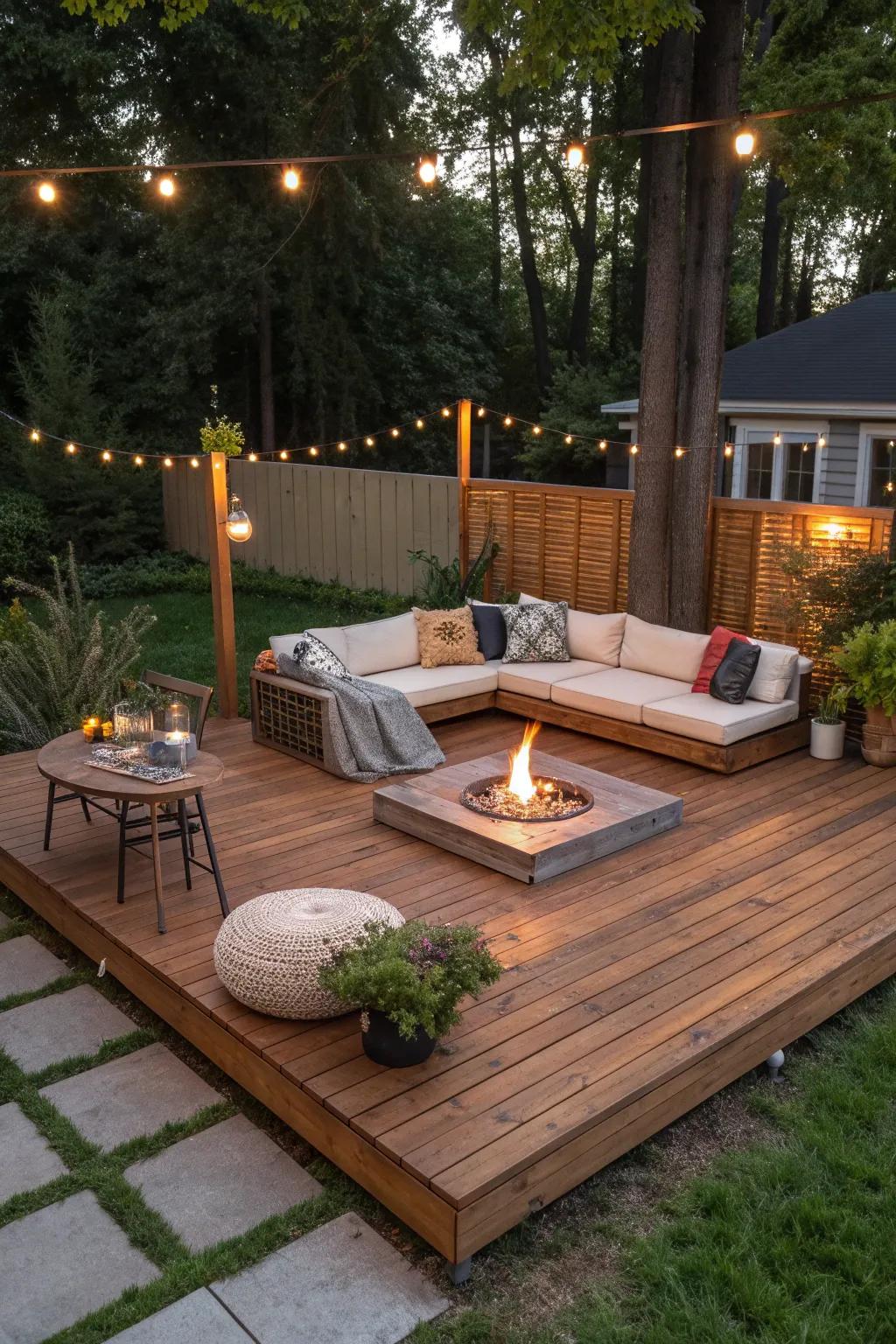 Transform your backyard into a haven with this cozy corner deck design, perfect for relaxing evenings and intimate gatherings.