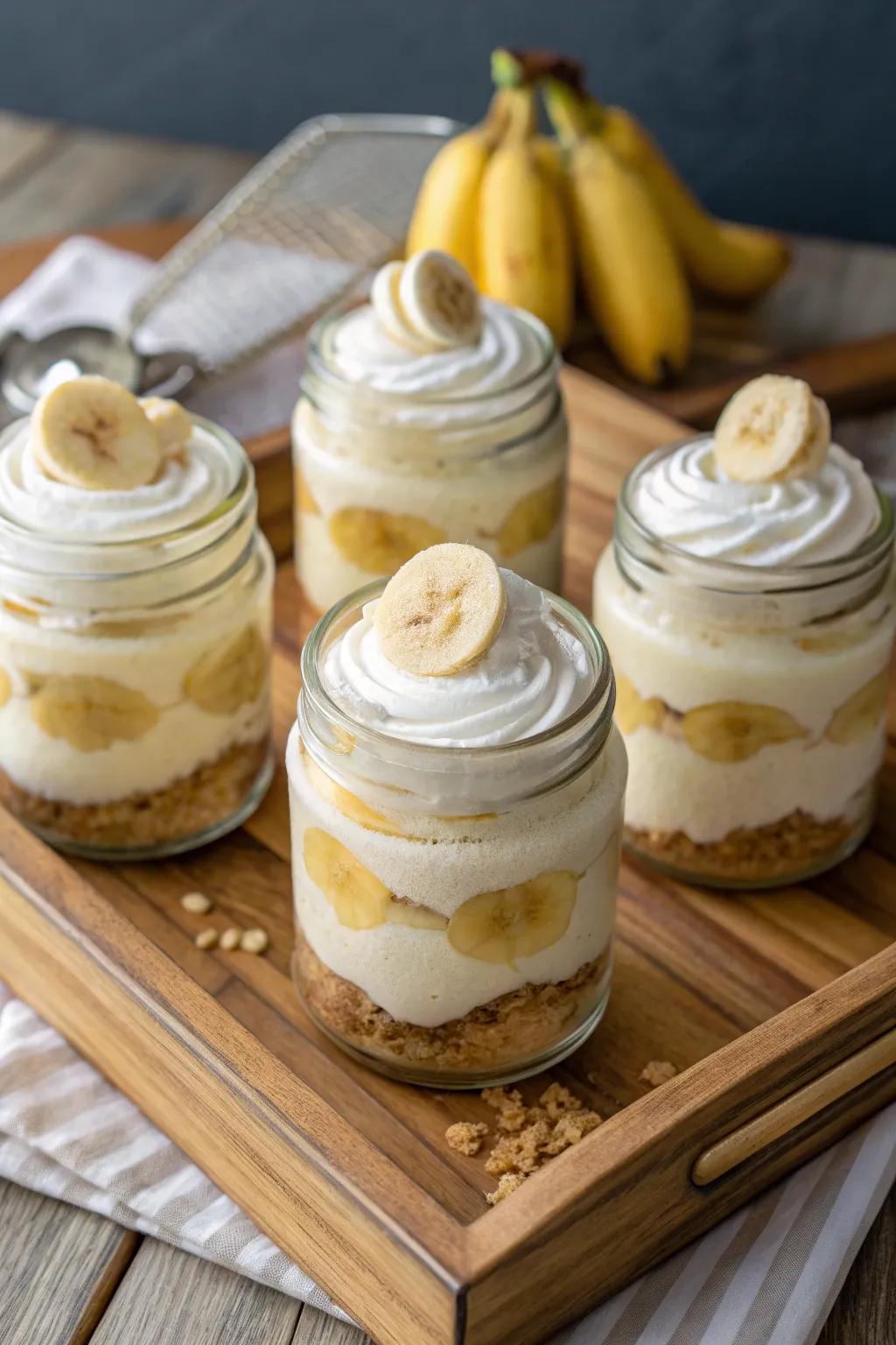 Mason jars filled with banana pudding make for a charming and convenient serving option.