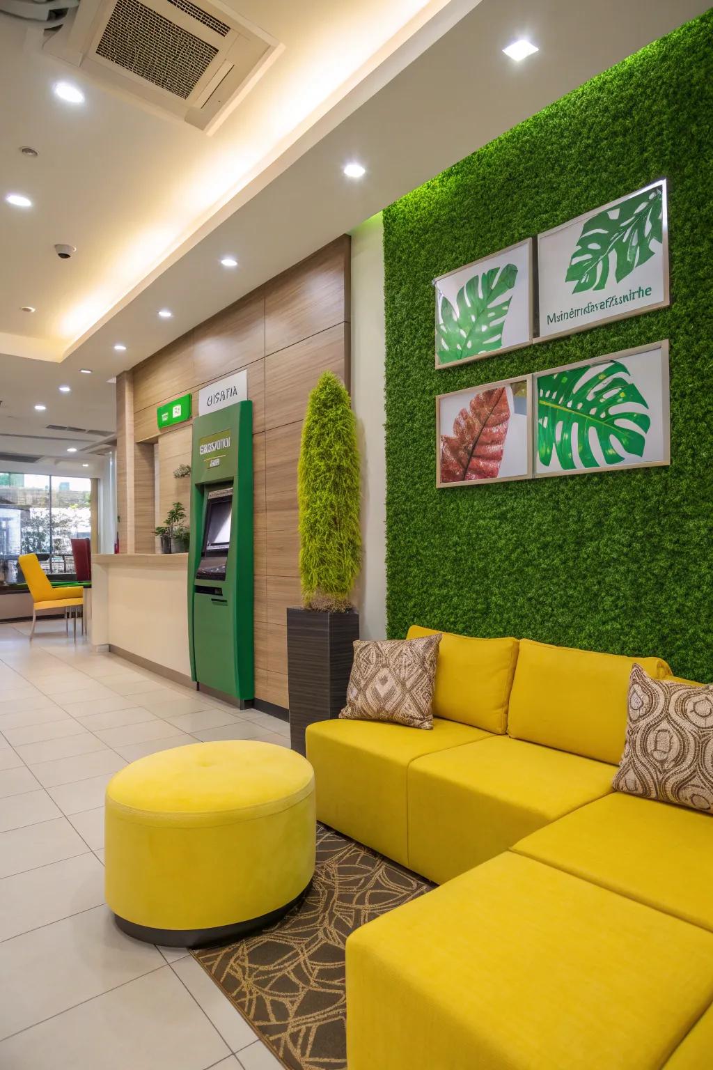 Colorful accents bring energy and vibrancy to the bank's decor.