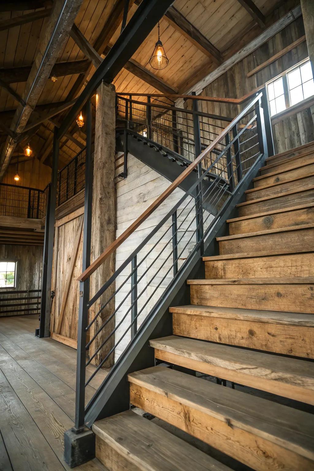 Wood meets metal in this industrial-inspired barn staircase design.