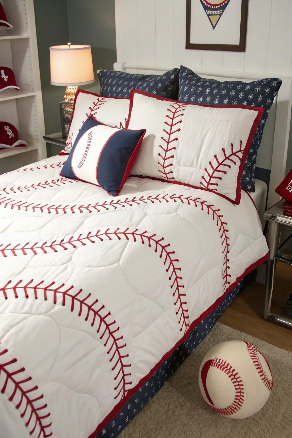 Baseball-themed bedding adds a cozy and spirited touch to the room.