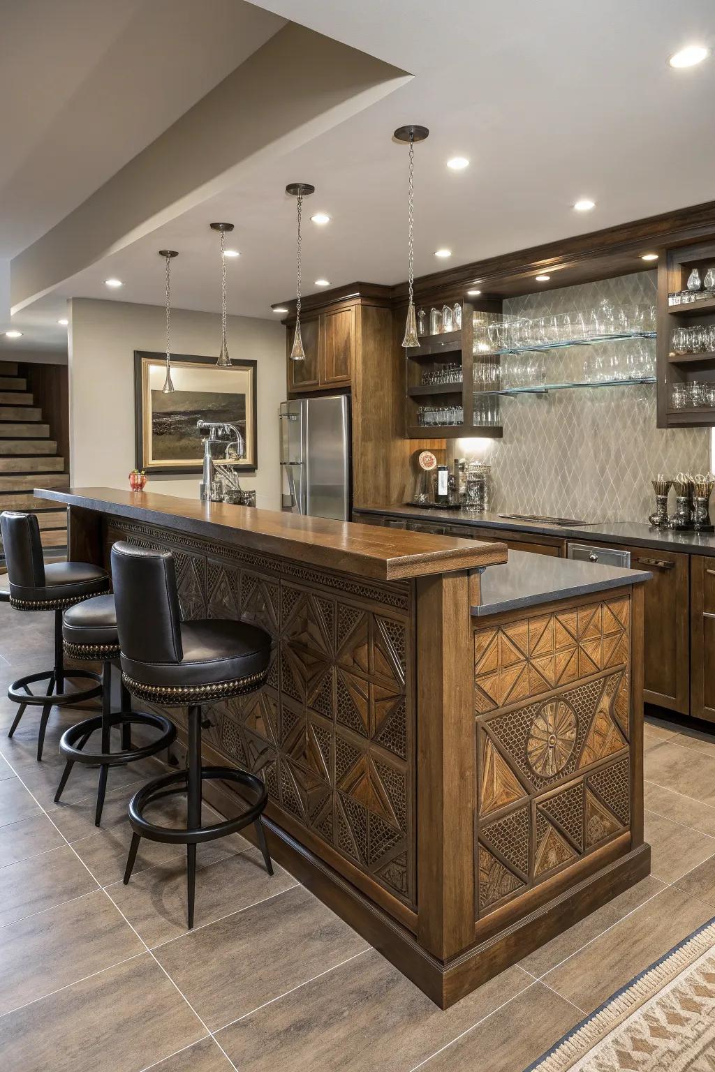 Elevate your basement with a handcrafted open bar layout—where craftsmanship meets social elegance.