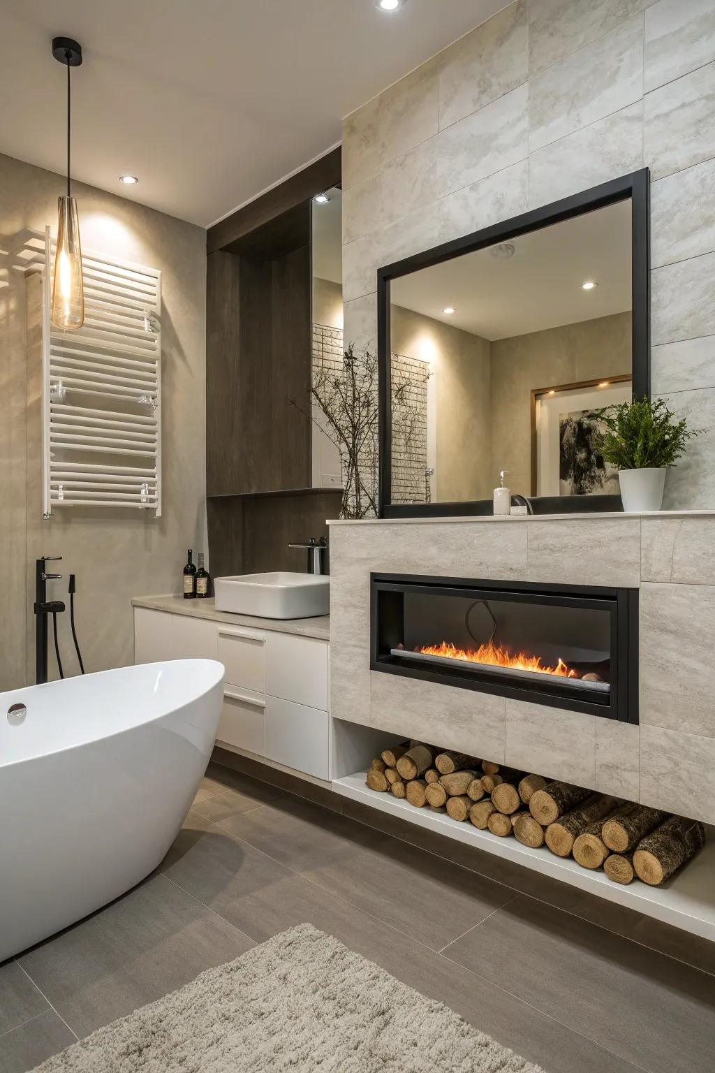 Wall-mounted fireplace offering sleek elegance in a modern bathroom.