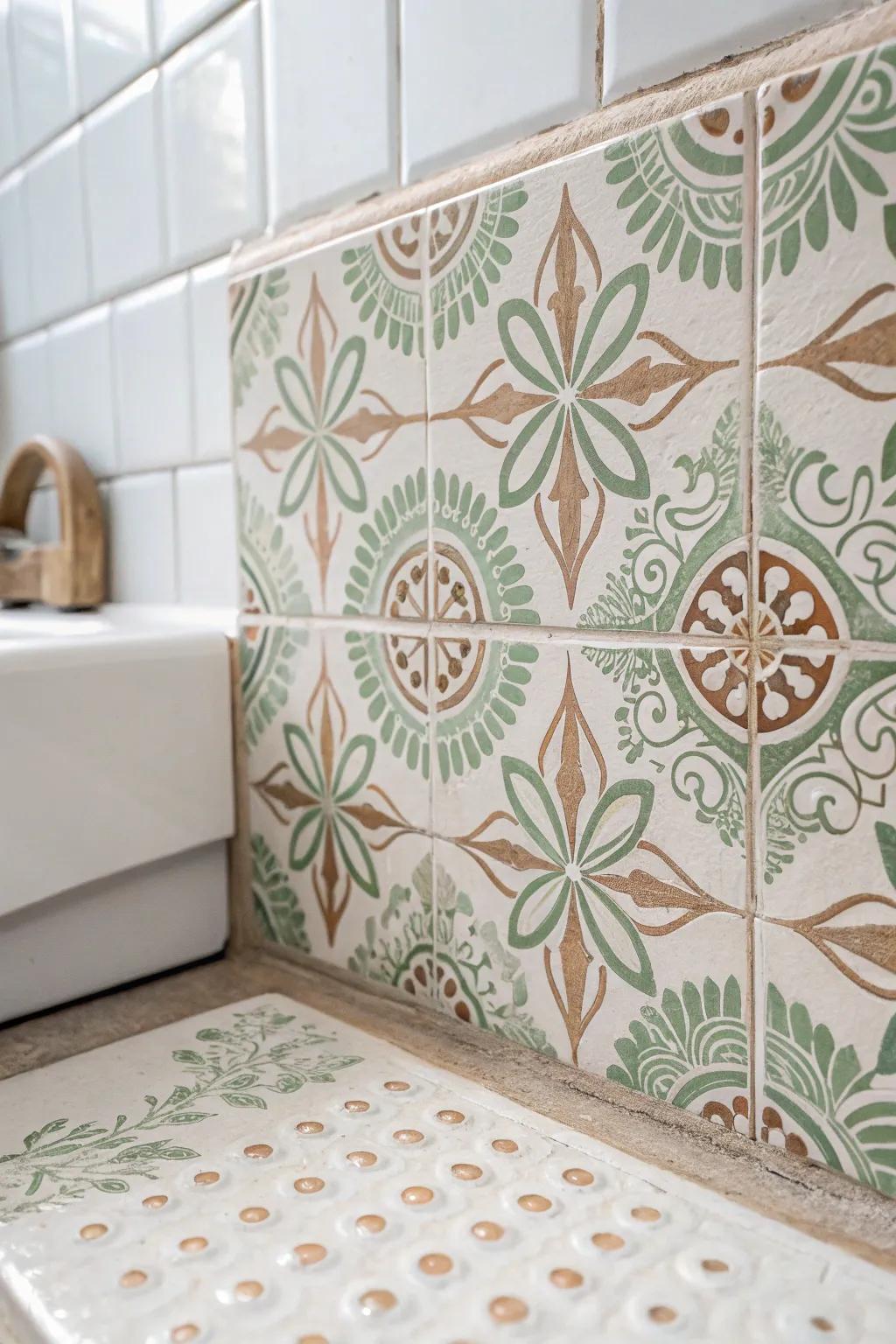Transform your bathroom with the charm of hand-stenciled patterned tiles, where simplicity meets artistry. #TileInspiration #ScandiBoho