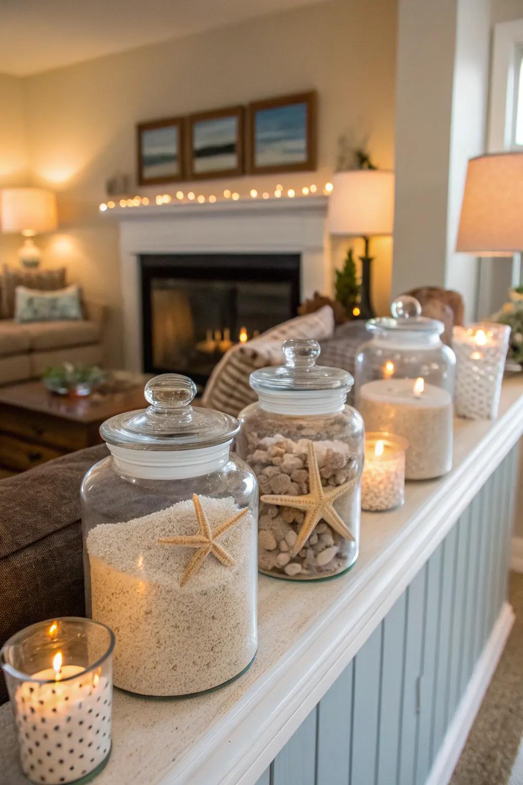 Glass jars turn simple elements into coastal treasures.