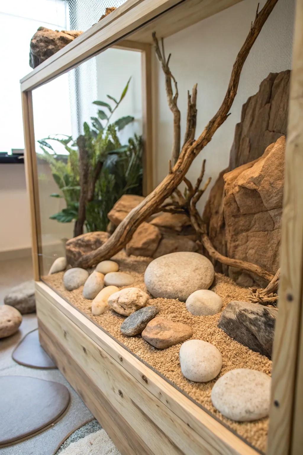 Elevate your bearded dragon's space with a stunning natural rock climbing area that blends simplicity and elegance.