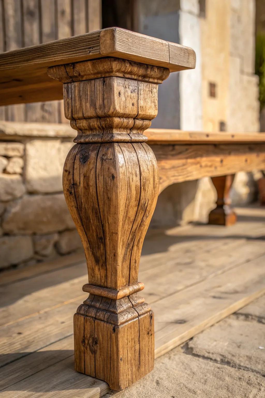 Experience the rustic charm of reclaimed wood with this beautifully crafted bench leg, where every grain tells a story.