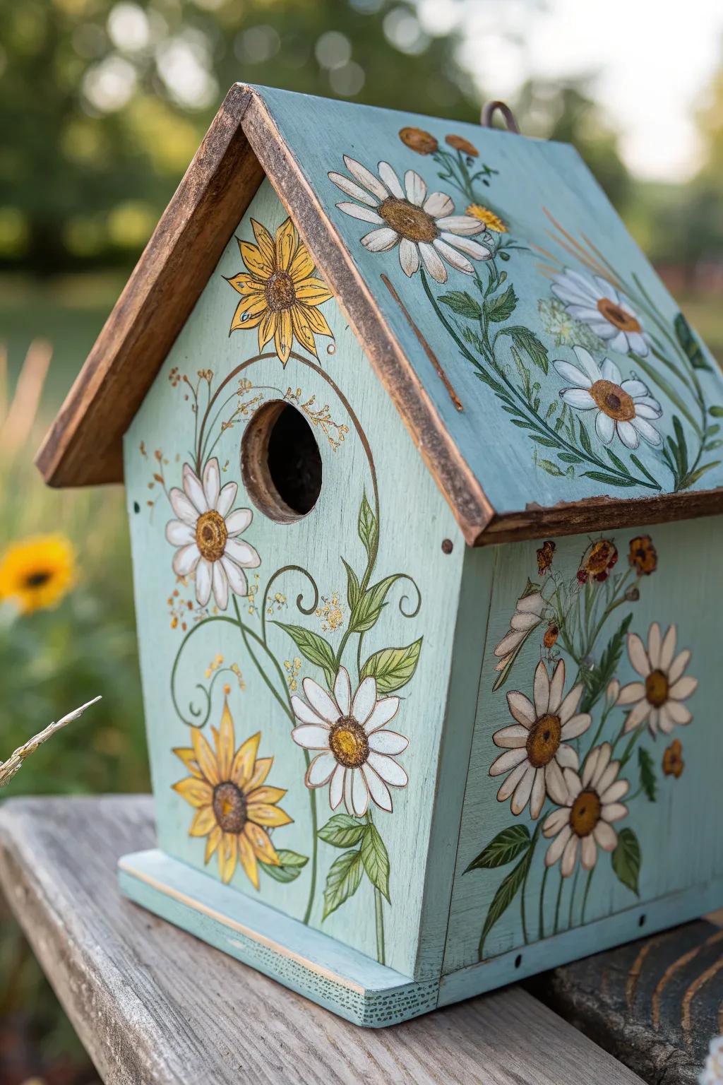 Bring a touch of perpetual spring to your garden with this beautifully crafted floral-themed birdhouse.